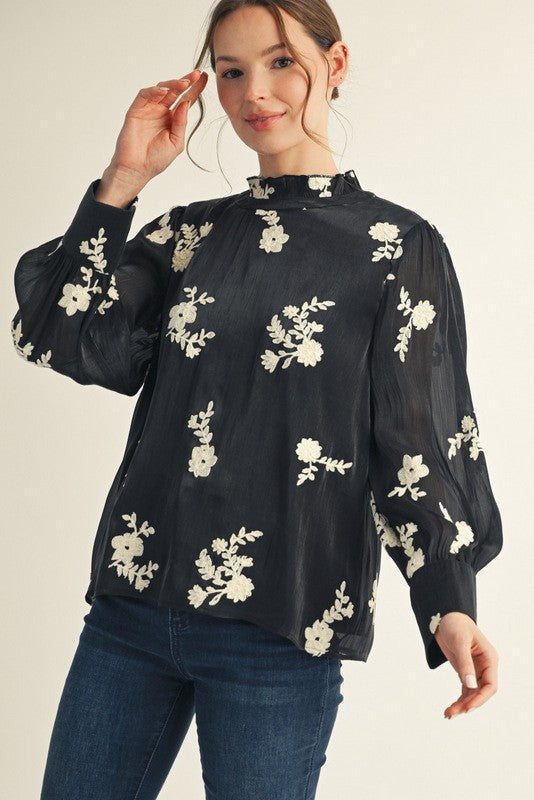JODIFL Women's Top Long Sleeves Floral Embroidered Top || David's Clothing