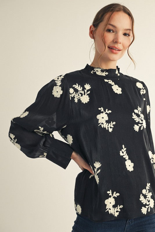 JODIFL Women's Top Long Sleeves Floral Embroidered Top || David's Clothing