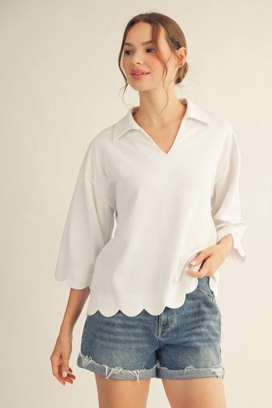 JODIFL Women's Top OFFWHITE / S Scallop Edge Detail Solid Top G14737