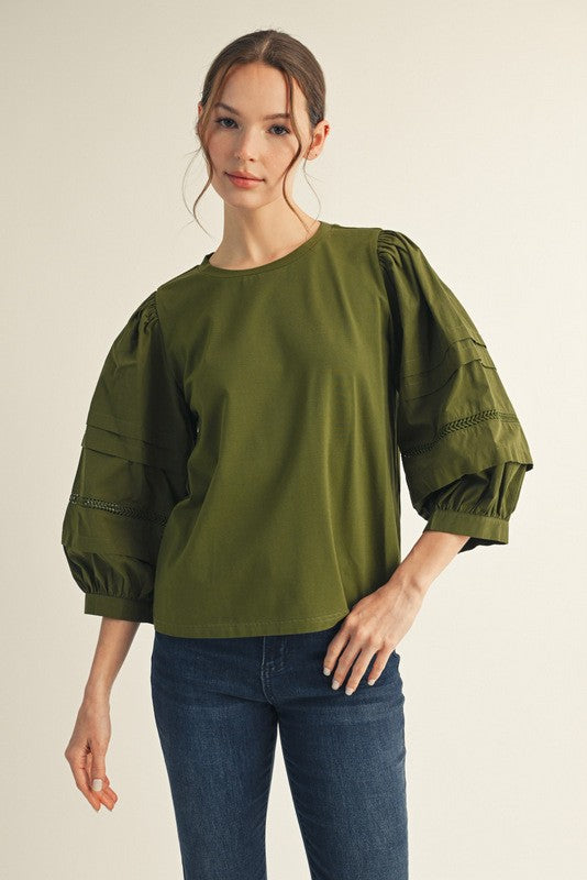 JODIFL Women's Top OLIVE / S Ladder Lace 3/4 Sleeves Solid Top G14509