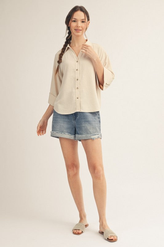 JODIFL Women's Top Pleat Back Detail Button Down Crinkle Top
