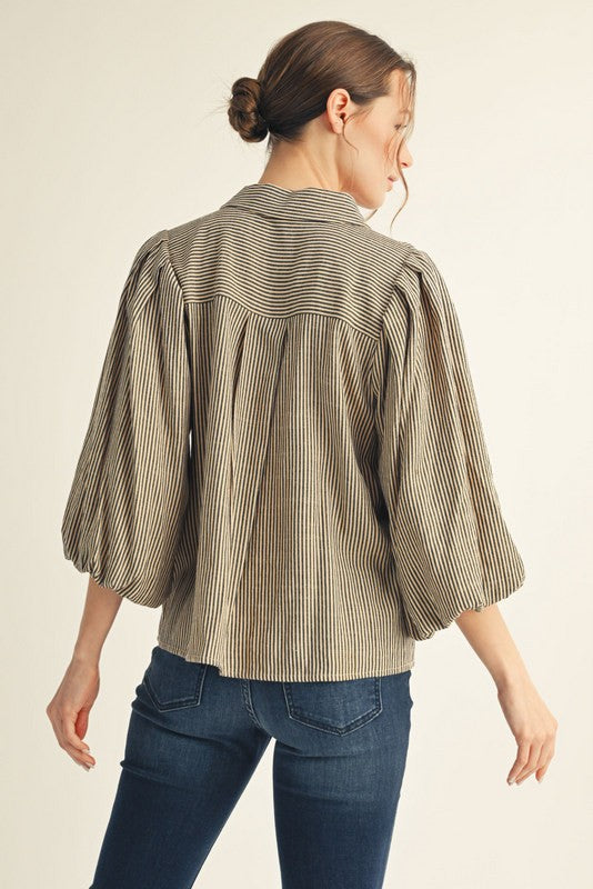 JODIFL Women's Top Pleated Shoulder Button Down Stripe Top || David's Clothing