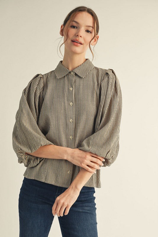 JODIFL Women's Top Pleated Shoulder Button Down Stripe Top || David's Clothing