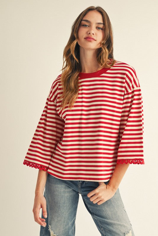 JODIFL Women's Top RED / S Lace Trim Accent Stripe Top || David's Clothing G14820
