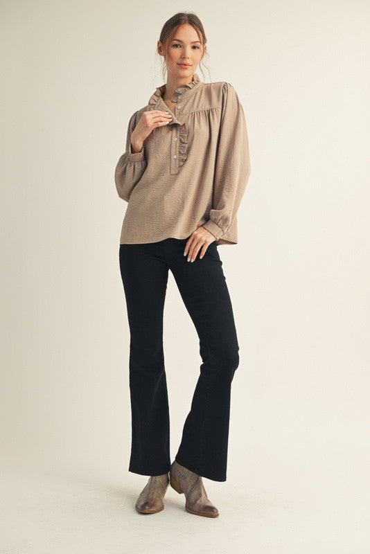 JODIFL Women's Top Ruffle Accent Texture Fabric Top