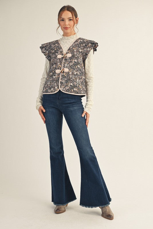 JODIFL Women's Top Ruffle Cap Sleeves Floral Quilted Vest