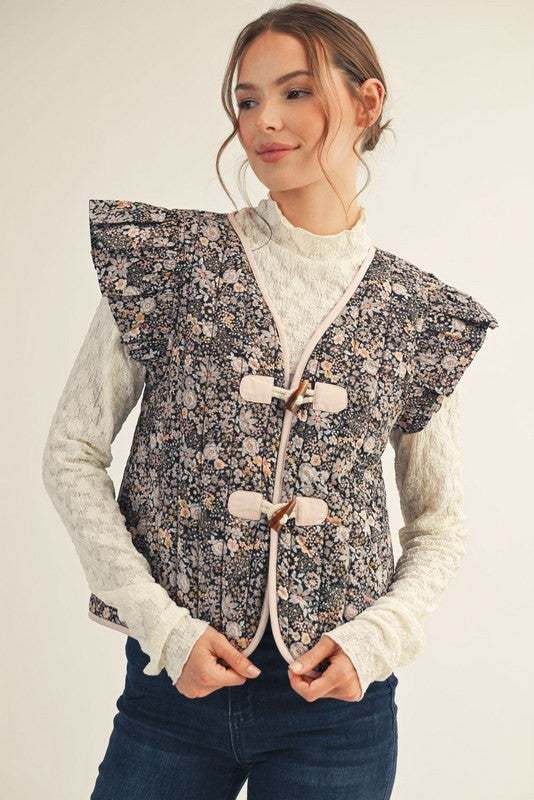 JODIFL Women's Top Ruffle Cap Sleeves Floral Quilted Vest