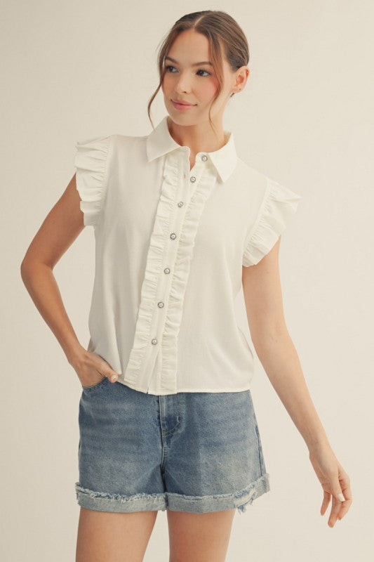 JODIFL Women's Top Ruffle Detail Button Down Crinkled Solid Top