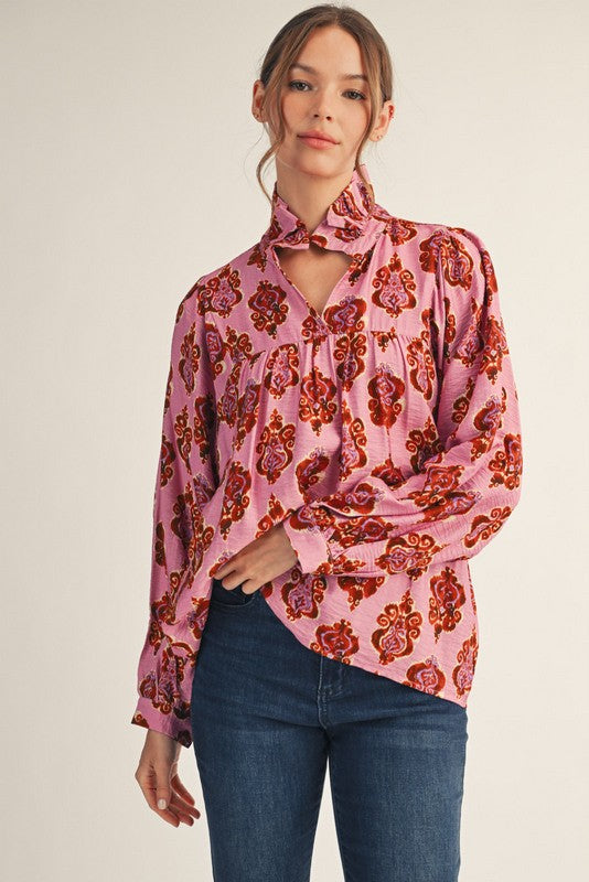 JODIFL Women's Top Ruffled High Neck Damask Print Top || David's Clothing