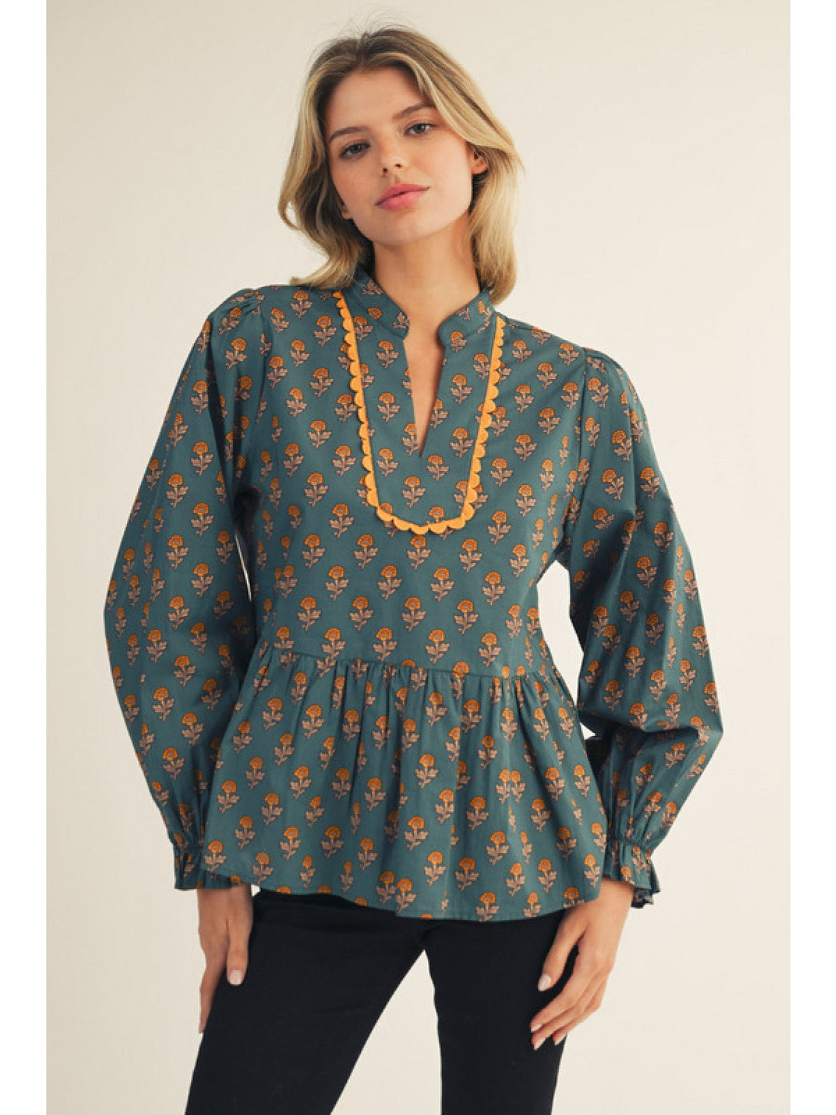 JODIFL Women's Top Ruffled Long Sleeves Floral Peplum Top || David's Clothing