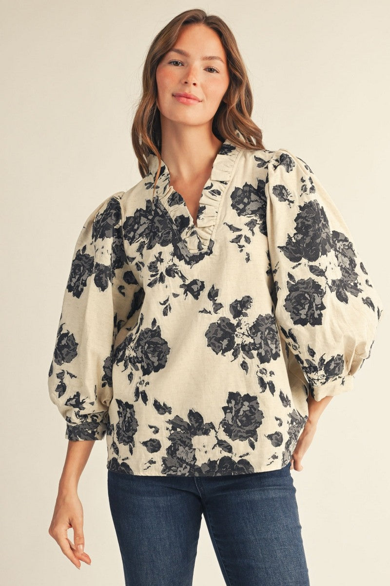 JODIFL Women's Top Ruffled Neck Floral Jacquard Blouse