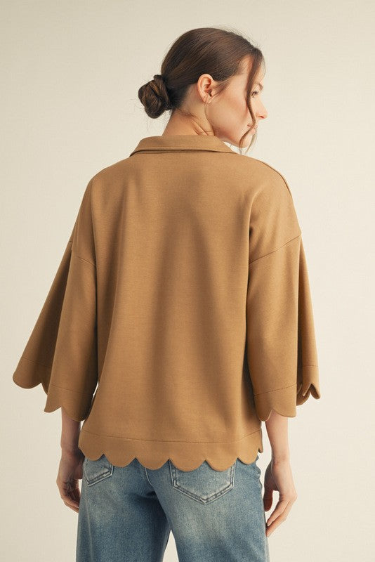 JODIFL Women's Top Scallop Edge Detail Solid Top