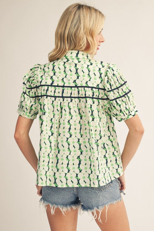 JODIFL Women's Top Shirring Detail Button Down Floral Top
