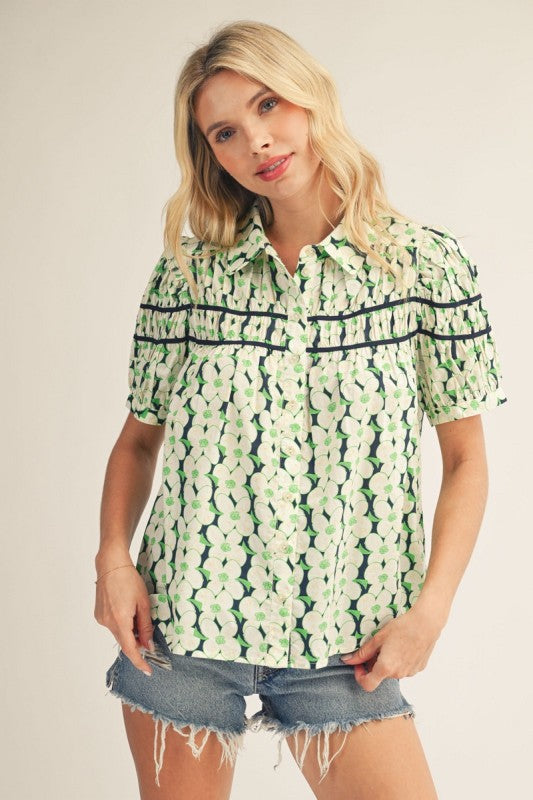 JODIFL Women's Top Shirring Detail Button Down Floral Top