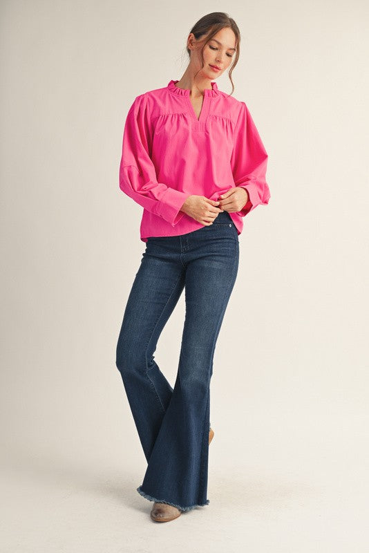 JODIFL Women's Top Sleeve Pleat Detail Crinkled Solid Top