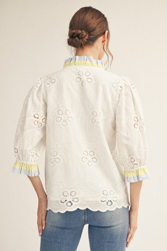 JODIFL Women's Top Solid Contrast Accent Eyelet Top