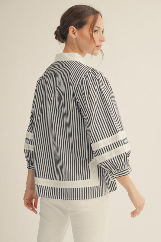 JODIFL Women's Top Solid Contrast Detail Stripe Top