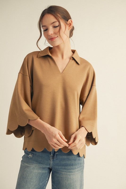 JODIFL Women's Top TAUPE / S Scallop Edge Detail Solid Top G14737
