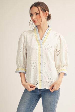 JODIFL Women's Top WHITE / S Solid Contrast Accent Eyelet Top H12918