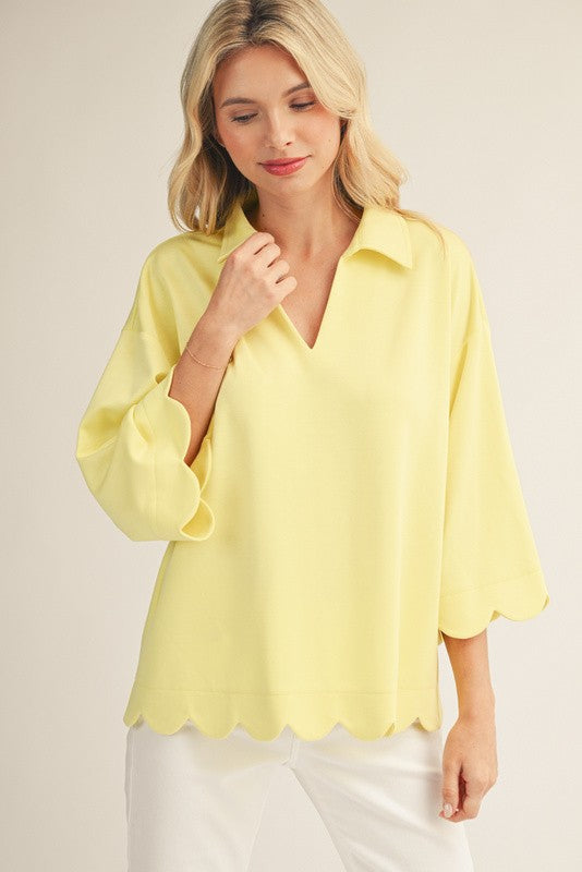 JODIFL Women's Top YELLOW / S Scallop Edge Detail Solid Top G14737