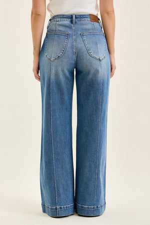 JUDY BLUE Women's Jeans High Waisted Liza Multi Inseam Palazzo W/ Shield Pkts Md Classic Fade