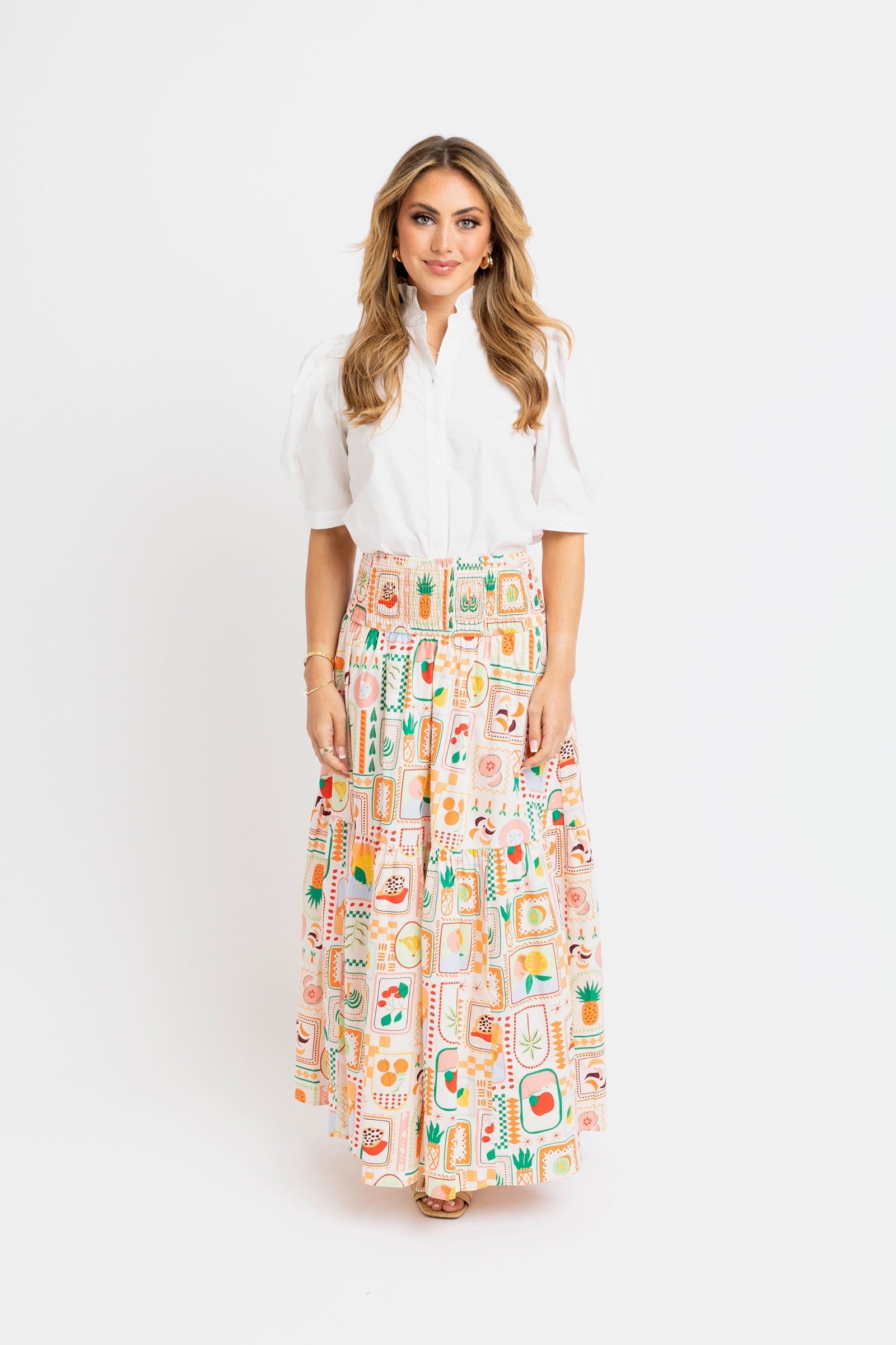 KARLIE CLOTHES Women's Skirts Karlie Fruit Basket Smock Waist Maxi Skirt