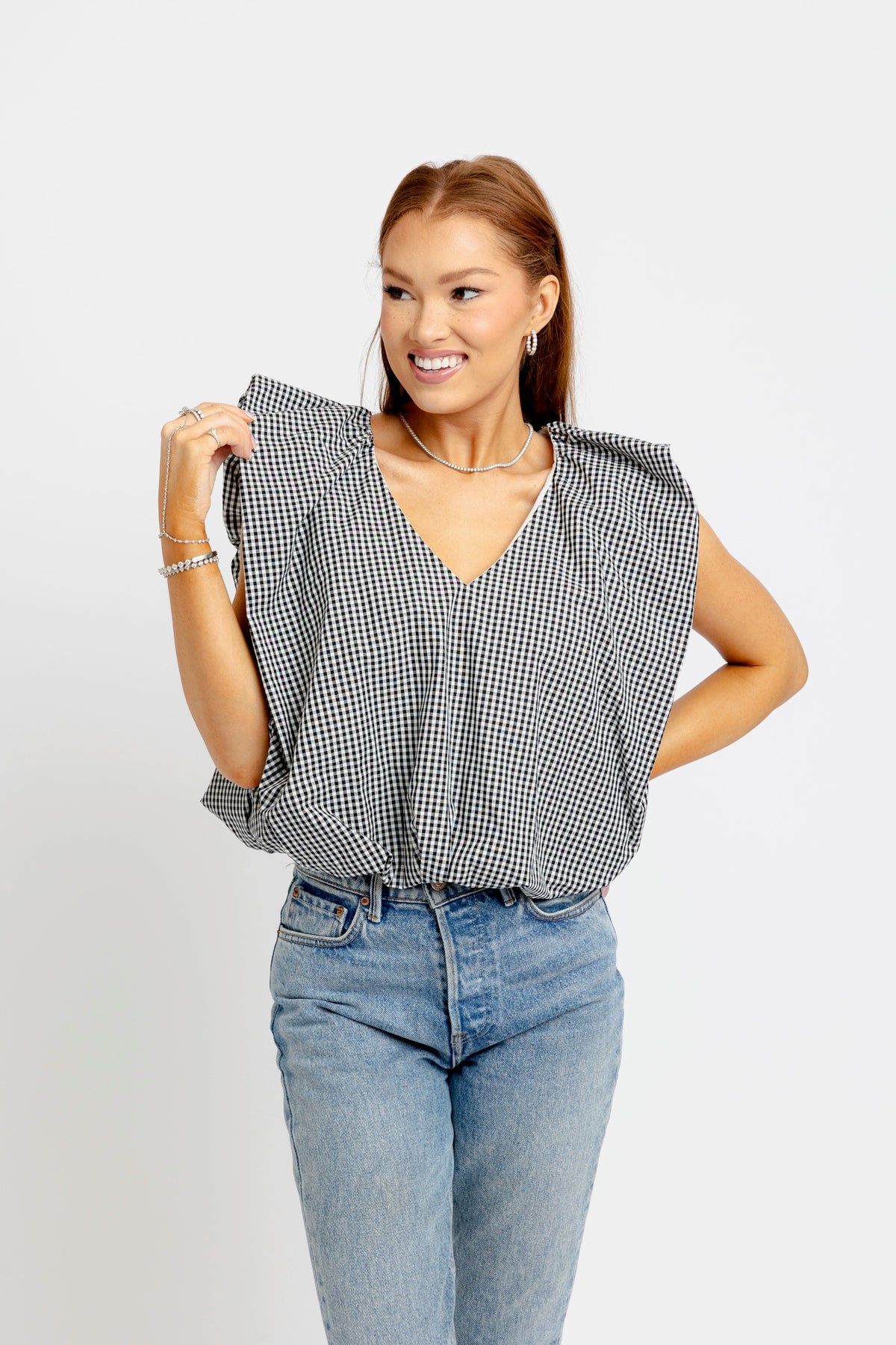 KARLIE CLOTHES Women's Top Karlie Gingham Poplin Bubble Sleeve Top