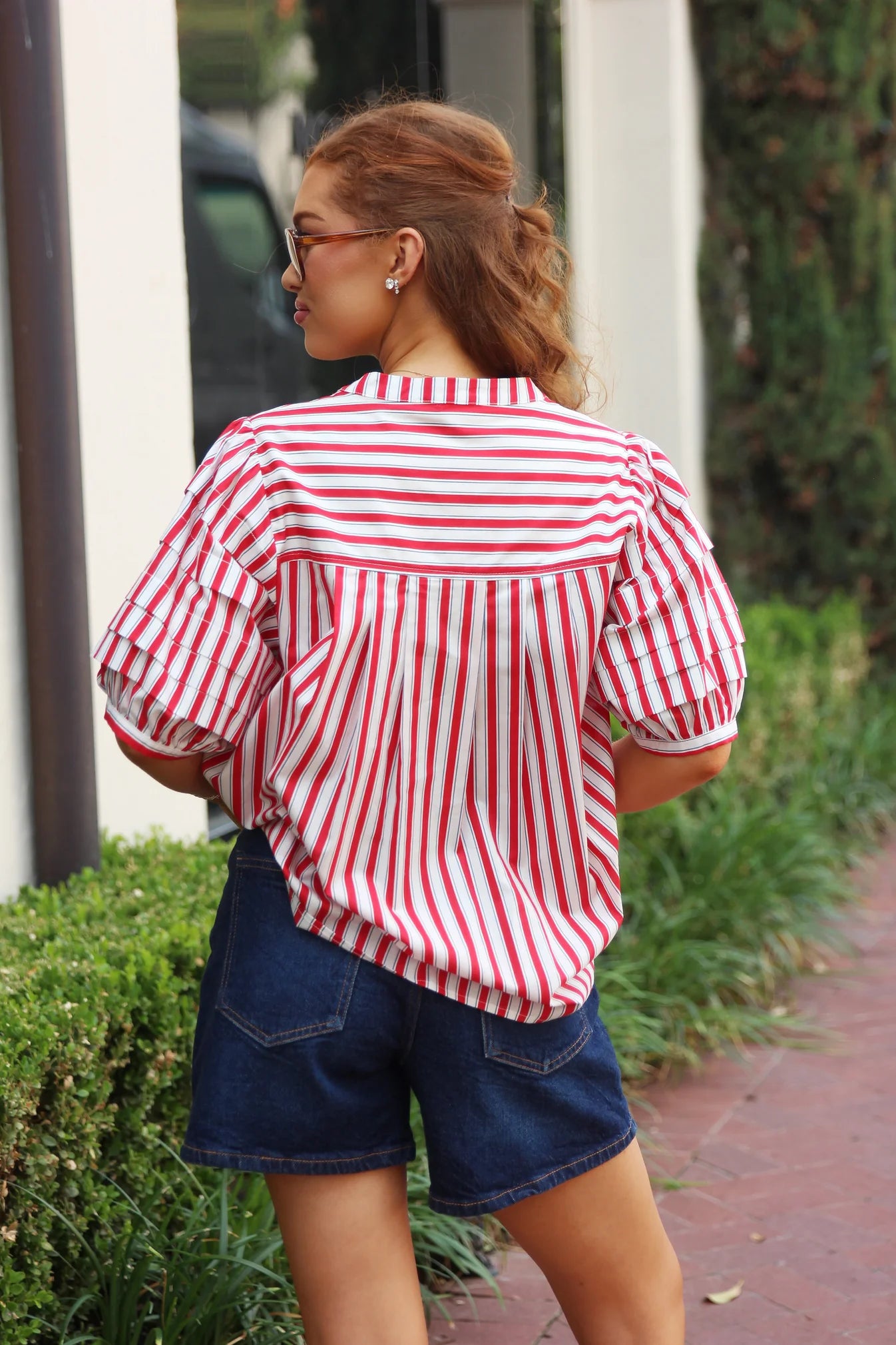 KARLIE CLOTHES Women's Top Karlie Stripe "America" Pleat Sleeve Top