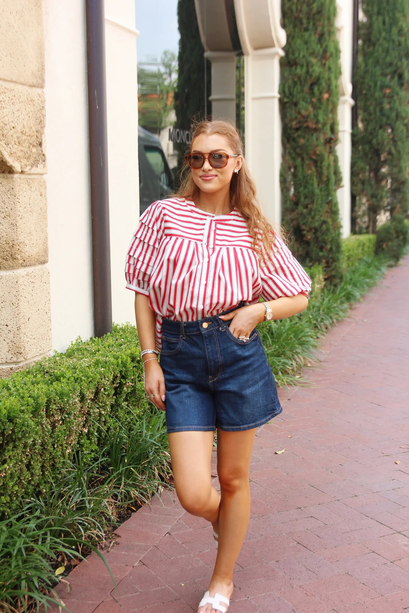 KARLIE CLOTHES Women's Top Karlie Stripe "America" Pleat Sleeve Top