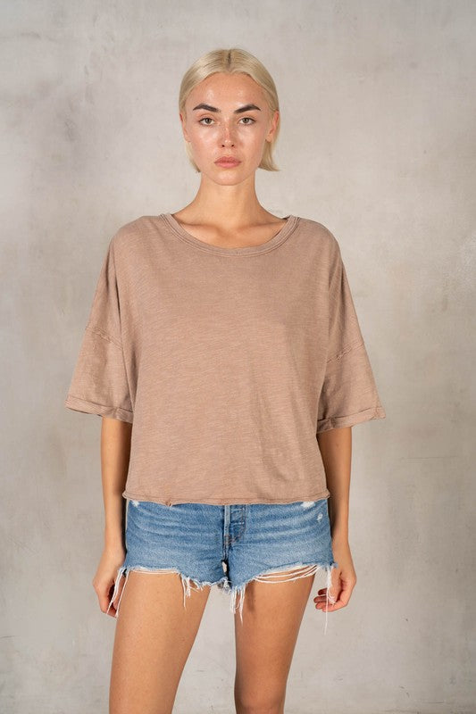 LABIZ Women's Top TAUPE / S SS Cotton Slub Twist Tee || David's Clothing MT45221