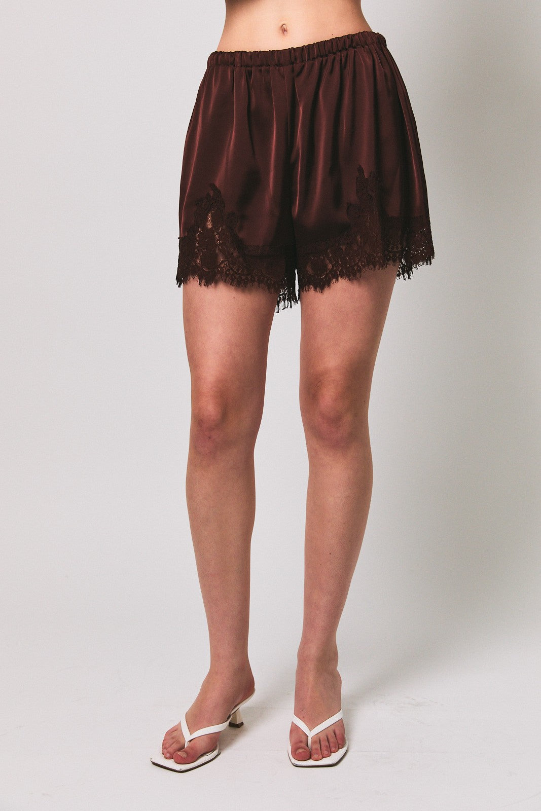 LELIS COLLECTION Women's Shorts CHOCOLAT / XS Elastic Waist Mid Rise Lace Trim Shorts | David's Clothing SP3533