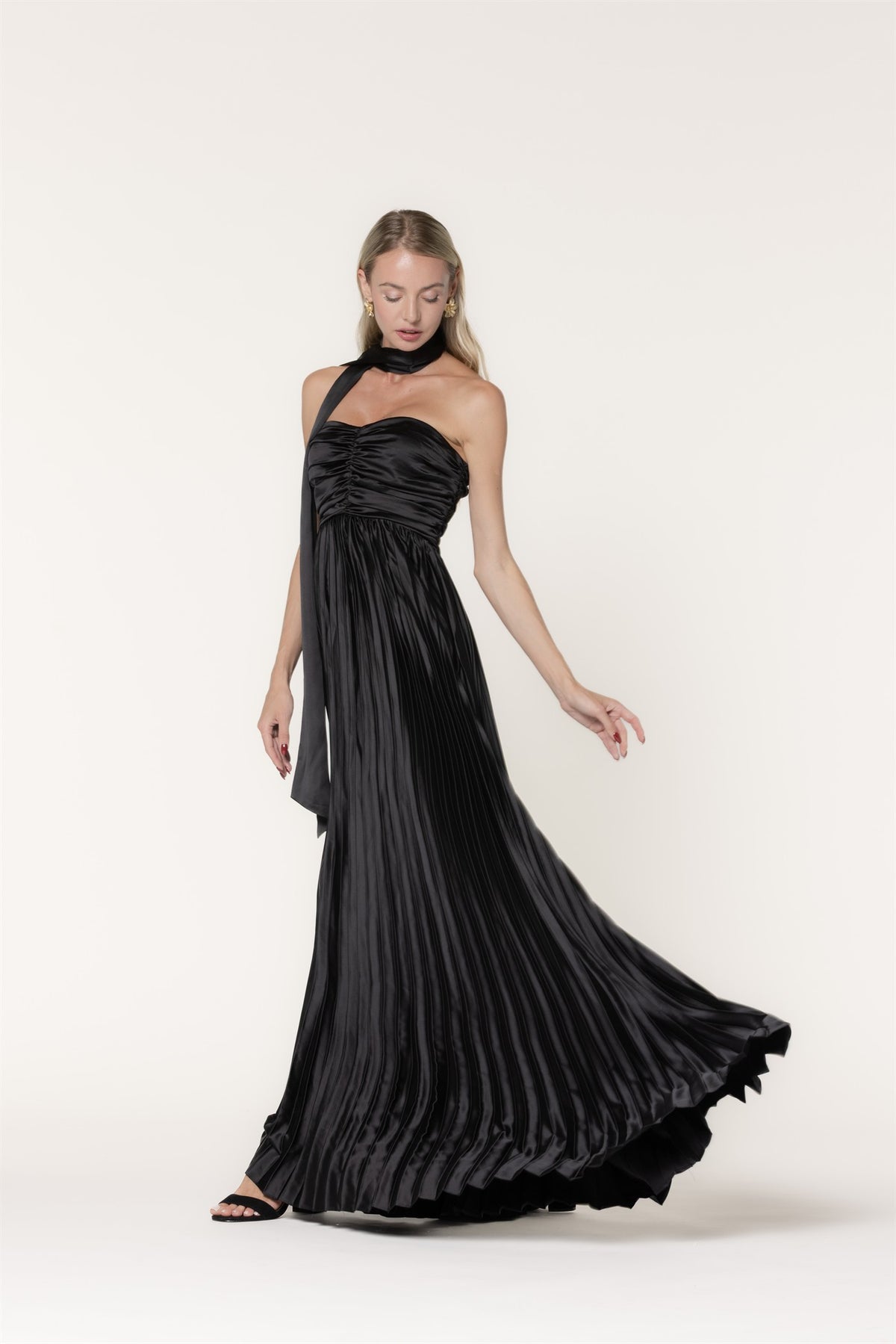 LENA Women's Dresses BLACK / S Scarf Detail Pleated Satin Sweetheart Neckline Maxi D8465B