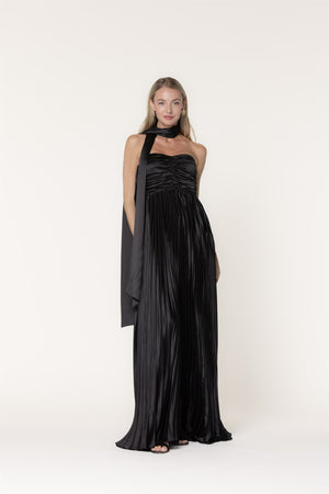 LENA Women's Dresses Scarf Detail Pleated Satin Sweetheart Neckline Maxi