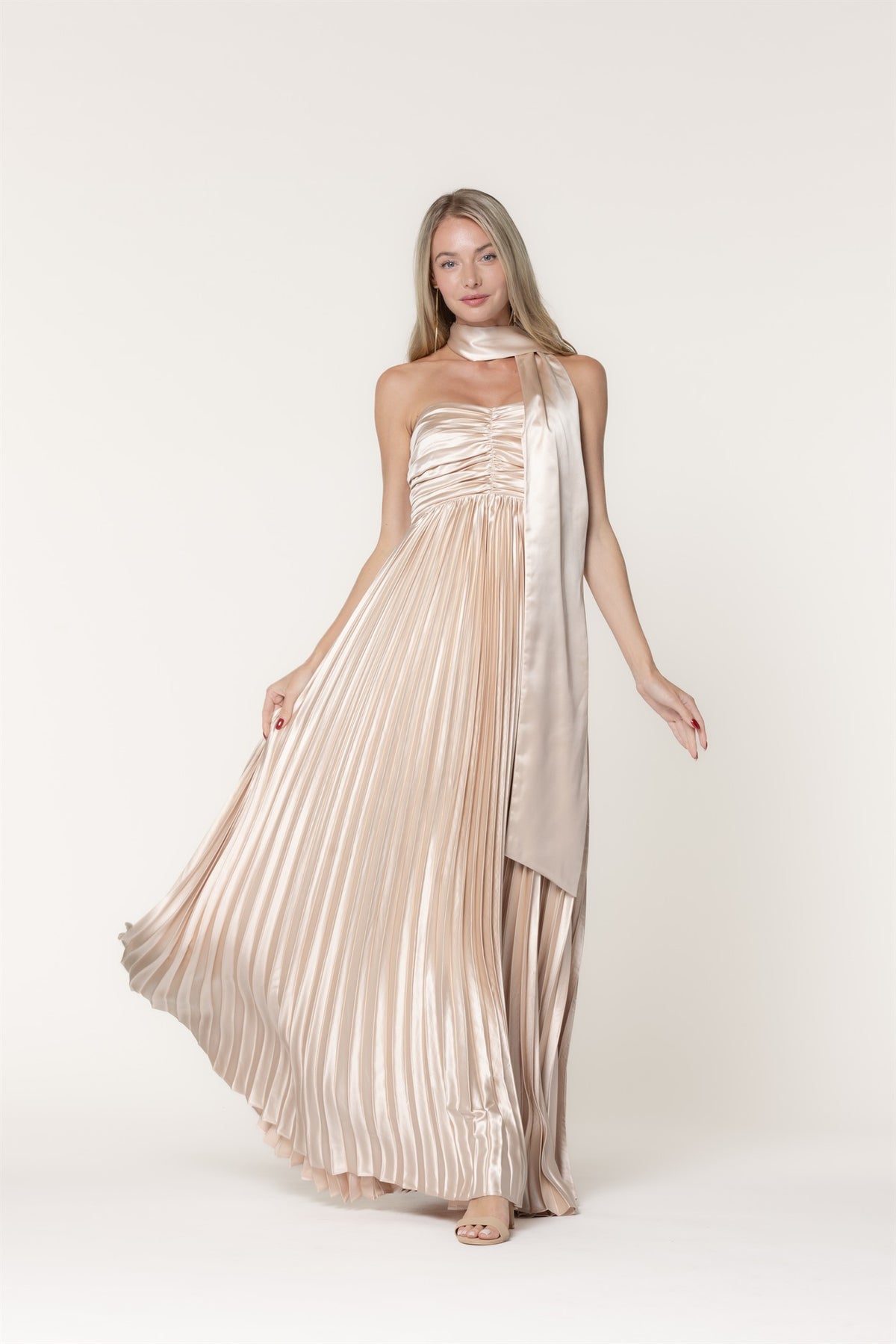 LENA Women's Dresses Scarf Detail Pleated Satin Sweetheart Neckline Maxi