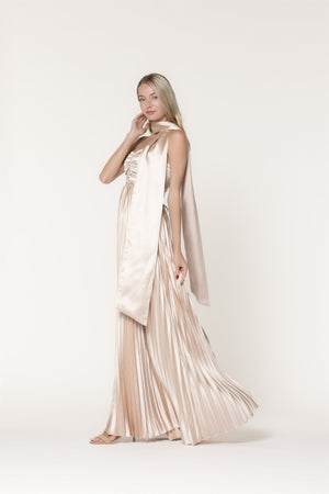 LENA Women's Dresses Scarf Detail Pleated Satin Sweetheart Neckline Maxi