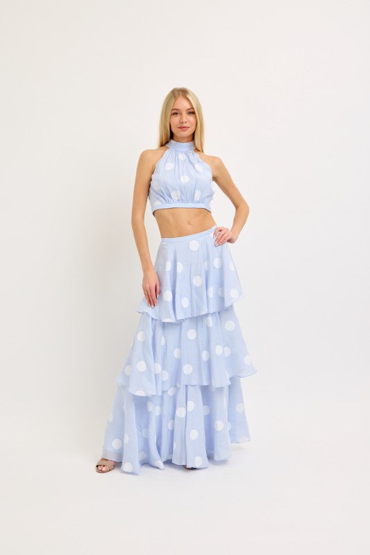 LENA Women's Skirts Big Polka Dot Halter Neck Top And Layerd Maxi Skirt Set