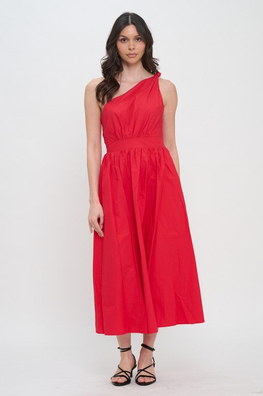 MEET ME IN SANTORINI Women's Dresses Red Poplin One Shoulder Maxi Dress