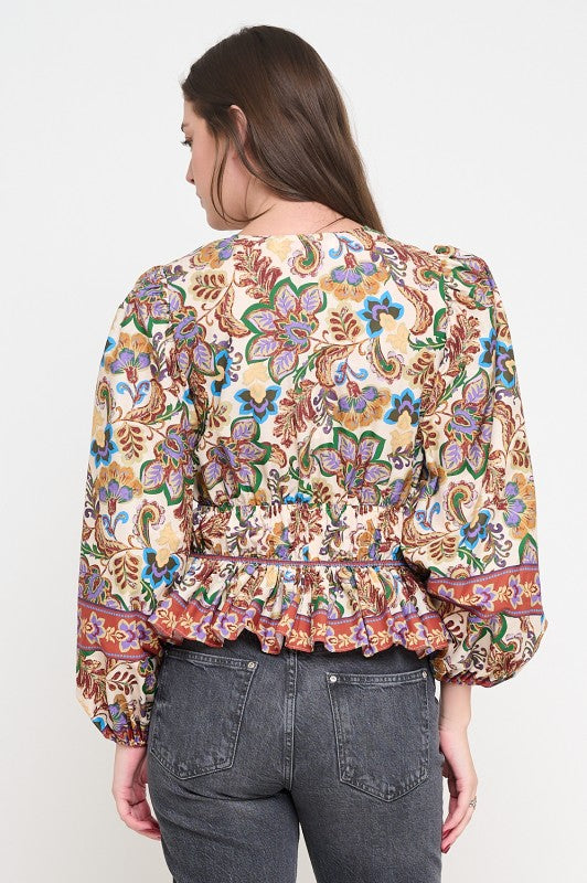 MEET ME IN SANTORINI Women's Top  Regal Tapestry Long Sleeve Blouse || David's Clothing