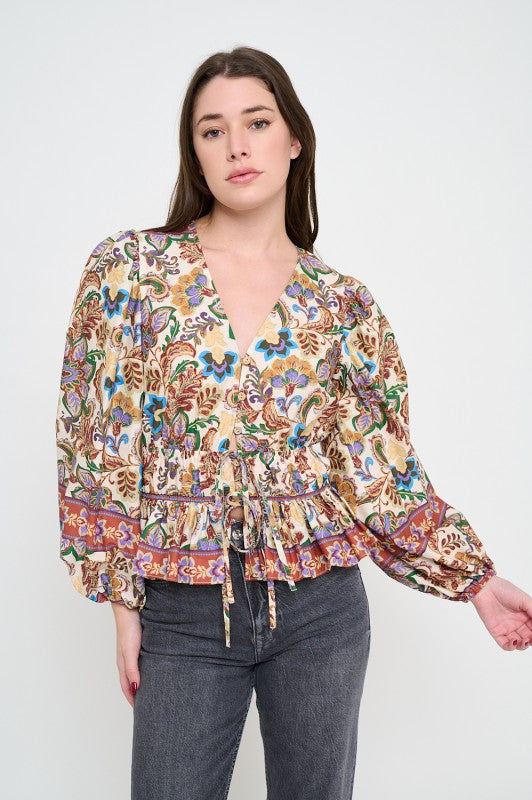 MEET ME IN SANTORINI Women's Top  Regal Tapestry Long Sleeve Blouse || David's Clothing