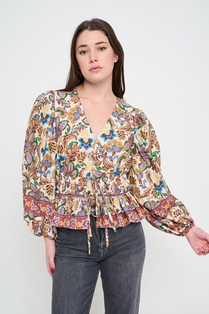 MEET ME IN SANTORINI Women's Top  Regal Tapestry Long Sleeve Blouse || David's Clothing