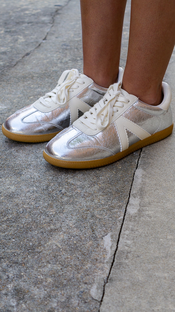 MIA SHOES Women's Shoes MIA Womens Klair Lace Up Metallic Sneakers Shoes Casual - Silver, White