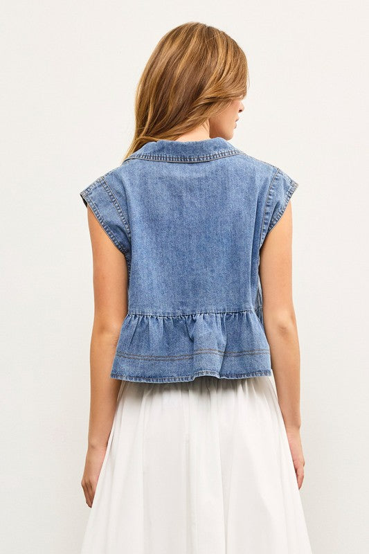 MUSTARD SEED Women's Top Notched Collar Babydoll Sleeveless Denim Top || David's Clothing