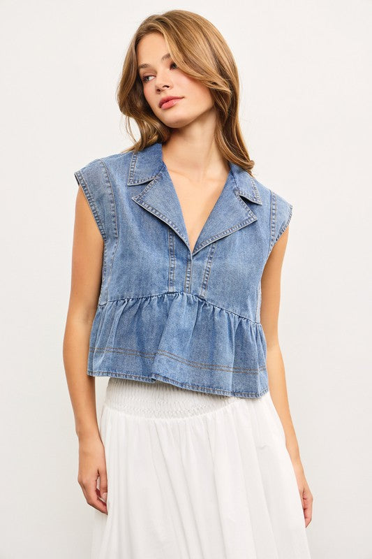 MUSTARD SEED Women's Top Notched Collar Babydoll Sleeveless Denim Top || David's Clothing