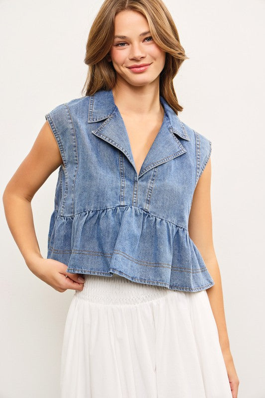 MUSTARD SEED Women's Top Notched Collar Babydoll Sleeveless Denim Top || David's Clothing