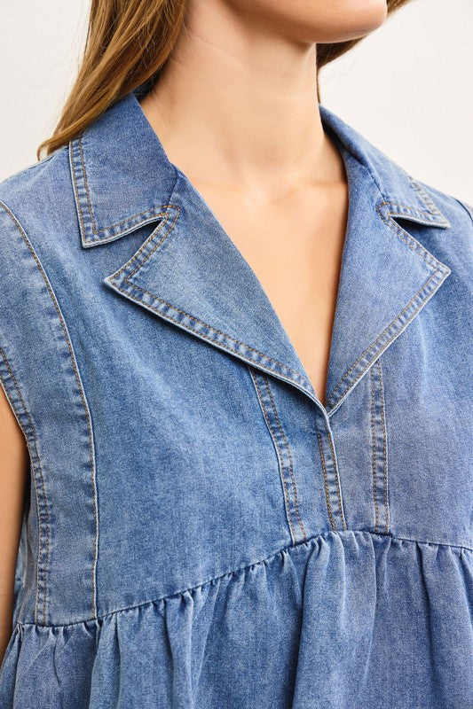 MUSTARD SEED Women's Top Notched Collar Babydoll Sleeveless Denim Top || David's Clothing