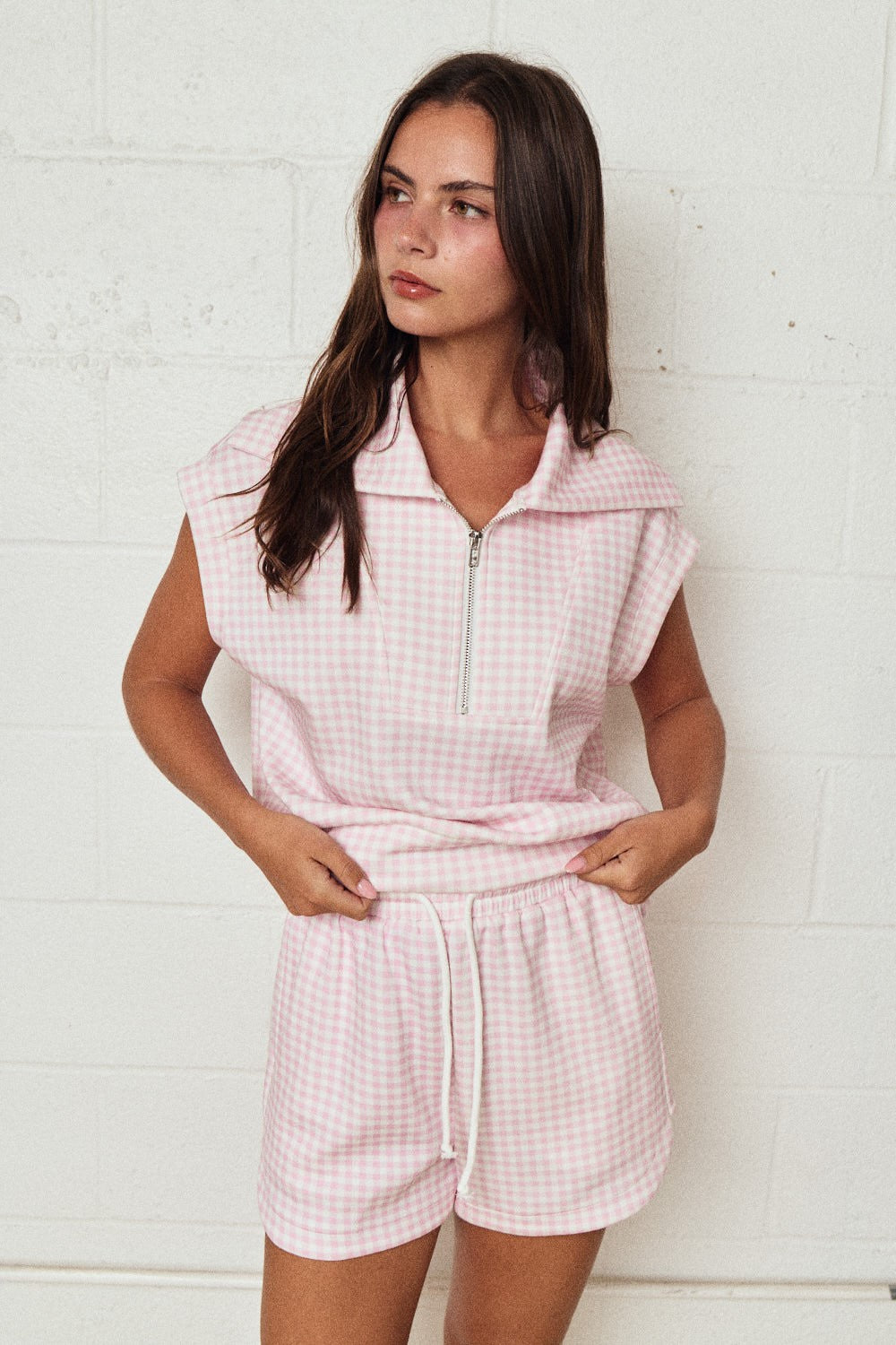 PAPER MOON Women's Set PINK / S Gingham Quarter Zip Sleeveless Set PX17846-3