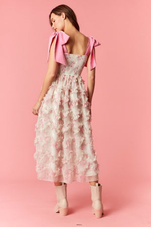 PEACH LOVE Women's Dresses Bow Tie Strap Floral Smocked Organza Midi Dress