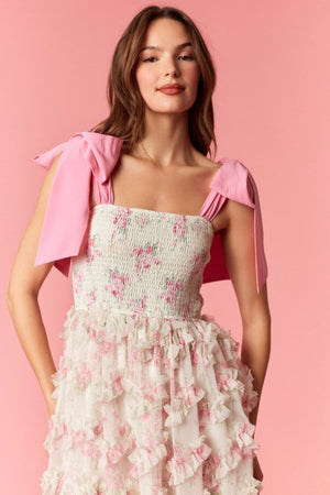 PEACH LOVE Women's Dresses Bow Tie Strap Floral Smocked Organza Midi Dress