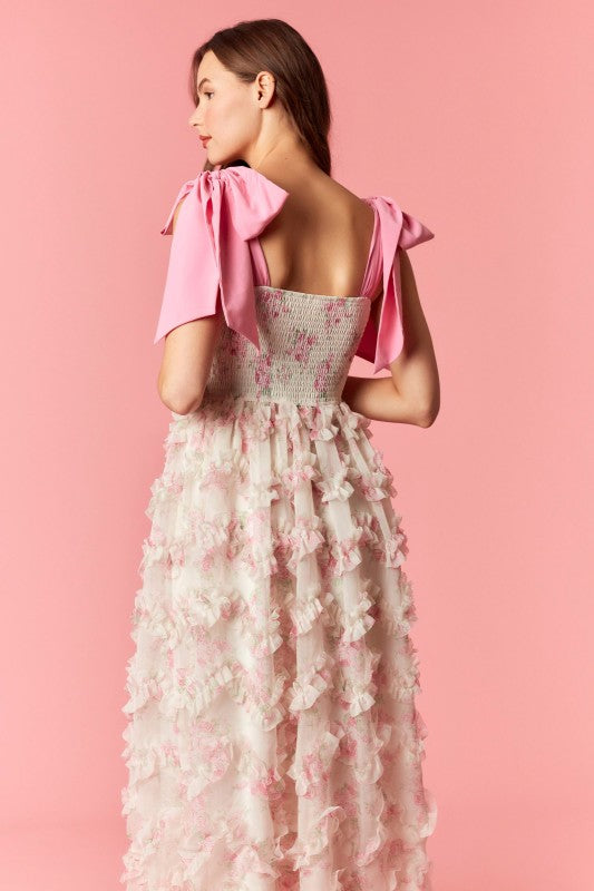 PEACH LOVE Women's Dresses Bow Tie Strap Floral Smocked Organza Midi Dress