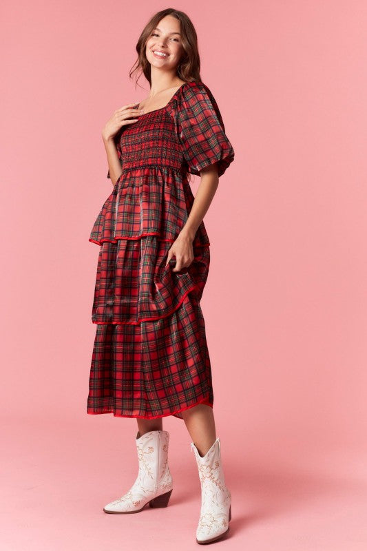 PEACH LOVE Women's Dresses Christmas Plaid Silky Organza Tiered Midi Dress